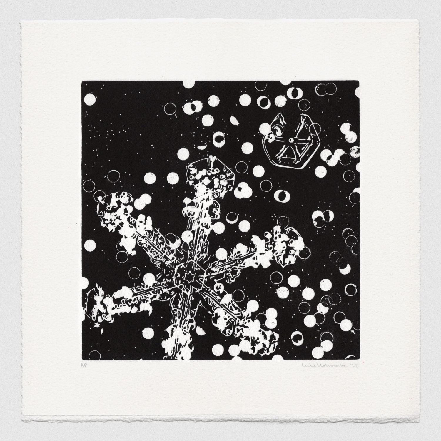 woodcut snowflake print by Luke Holcombe