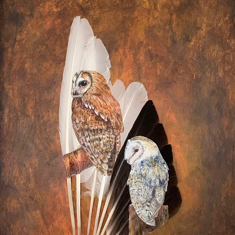 owls painted on feathers by Mandy Baykaa Murray